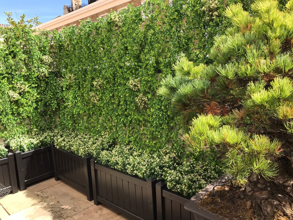 an artificial ivy wall in a London garden