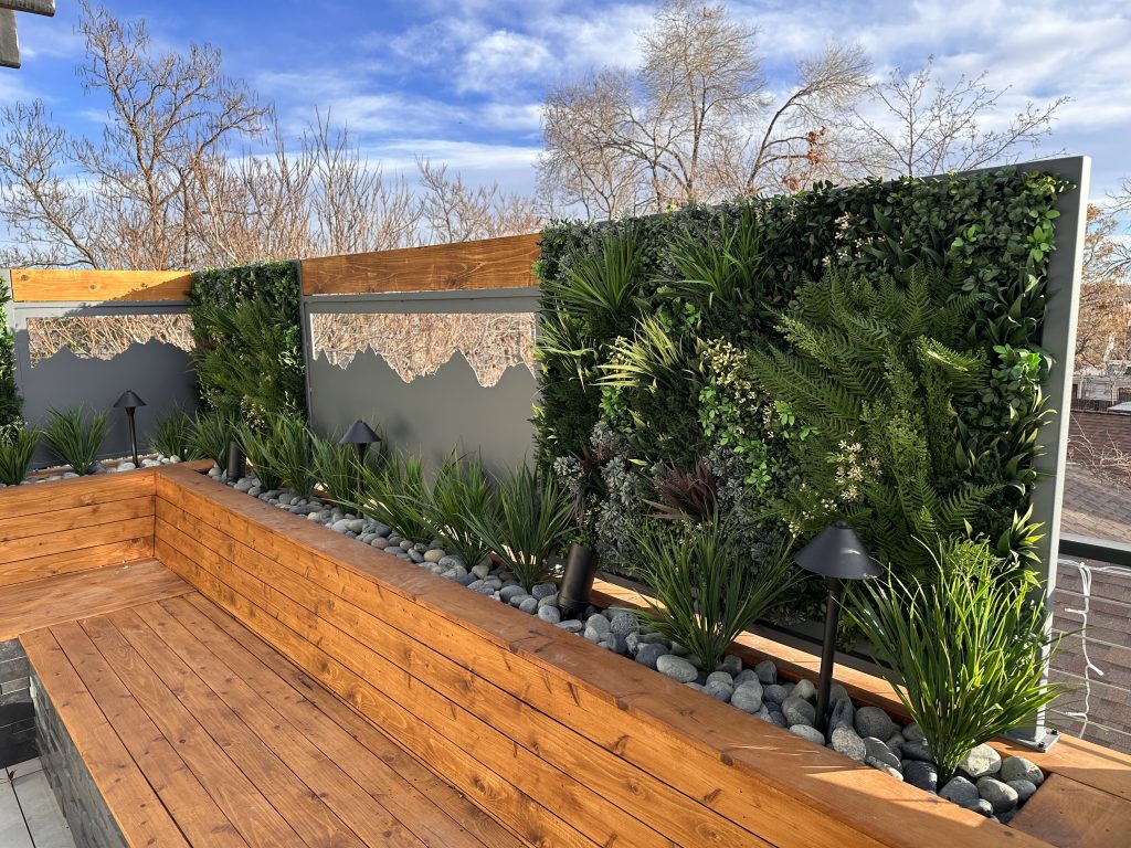 A fake rooftop garden green wall in Denver, Colorado