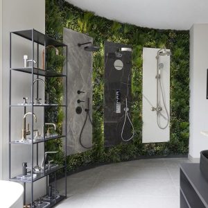 Vistafolia artificial green wall in a bathroom showroom in Windsor